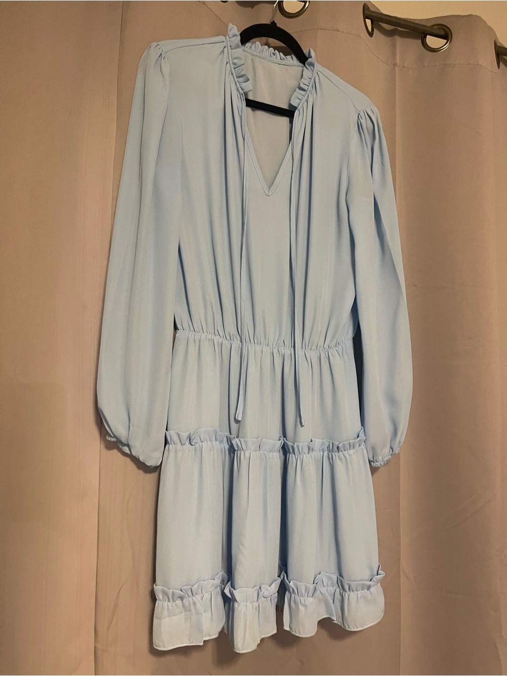Light Blue Ruffle Tiered Mini Dress with Tie Neck